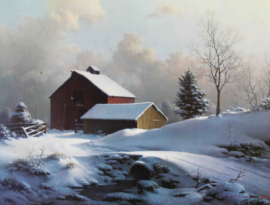 Dalhart Windberg print "The Perpetual Haven" featuring a peaceful country snowy landscape with trees, and rustic buildings.