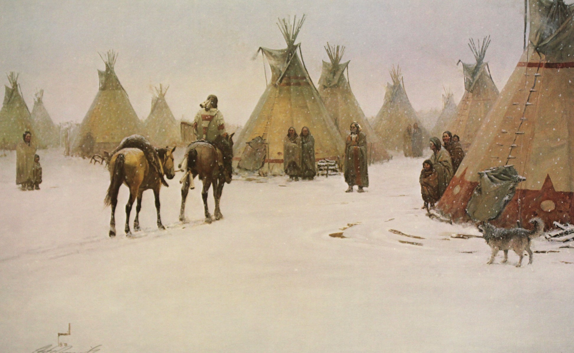 Robert Pummill print "The Provider" depicting a Native American hunter walking through a snowy landscape with game