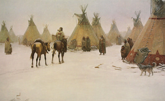 Robert Pummill print "The Provider" depicting a Native American hunter walking through a snowy landscape with game