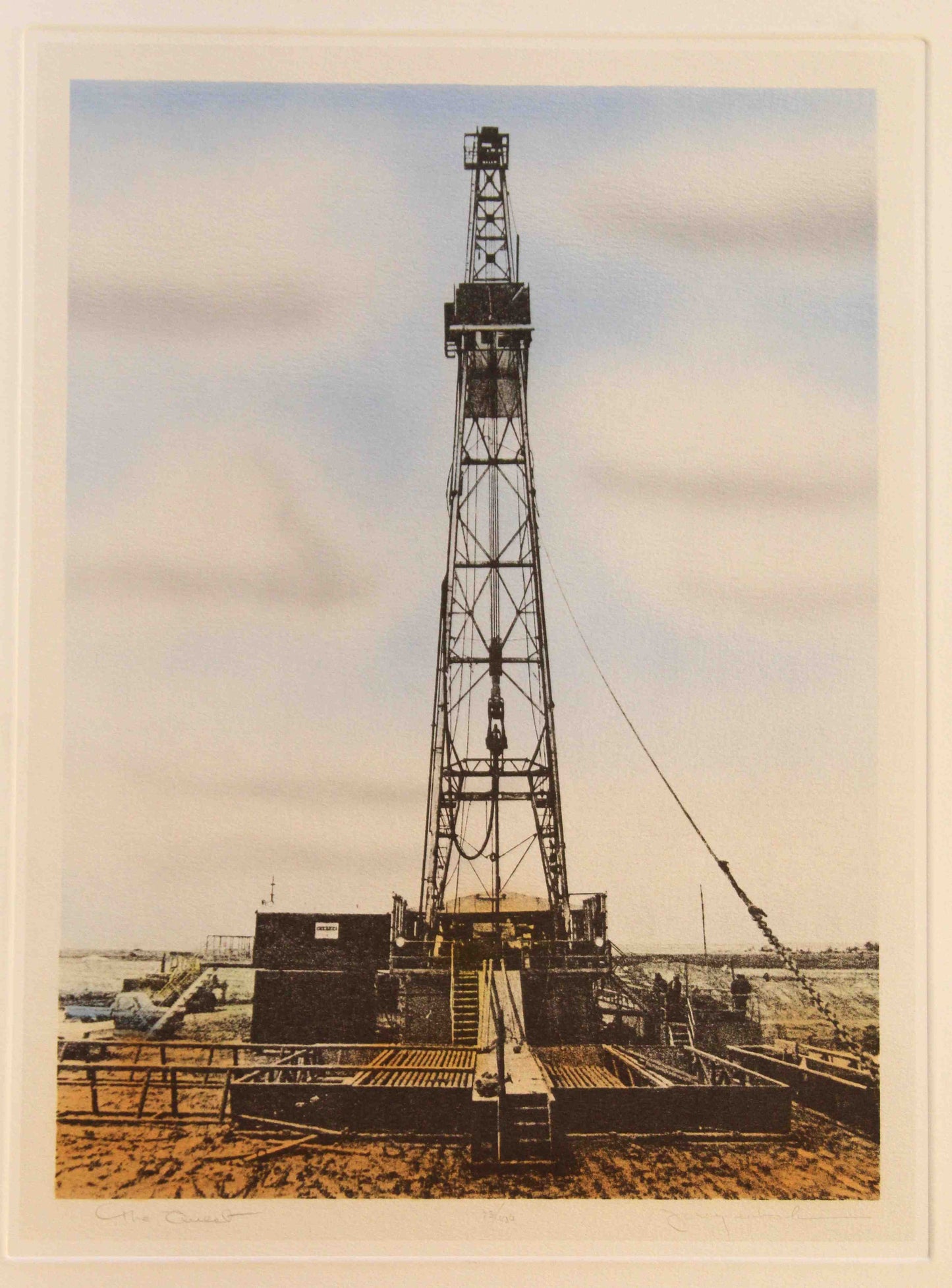 Jerry Eubanks print The Quest featuring a towering drilling rig set against a wide open sky in the oilfield.