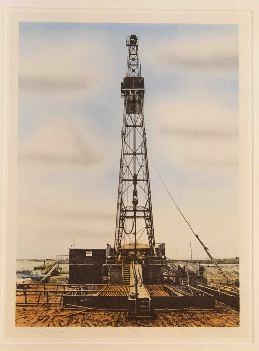 Jerry Eubanks print The Quest featuring a towering drilling rig set against a wide open sky in the oilfield.