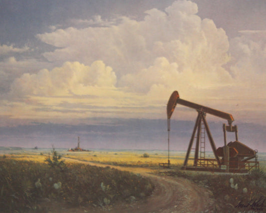 Neal White print “Thunderheads” showing a lone pumpjack on the plains with dark storm clouds and thunderheads rolling in.