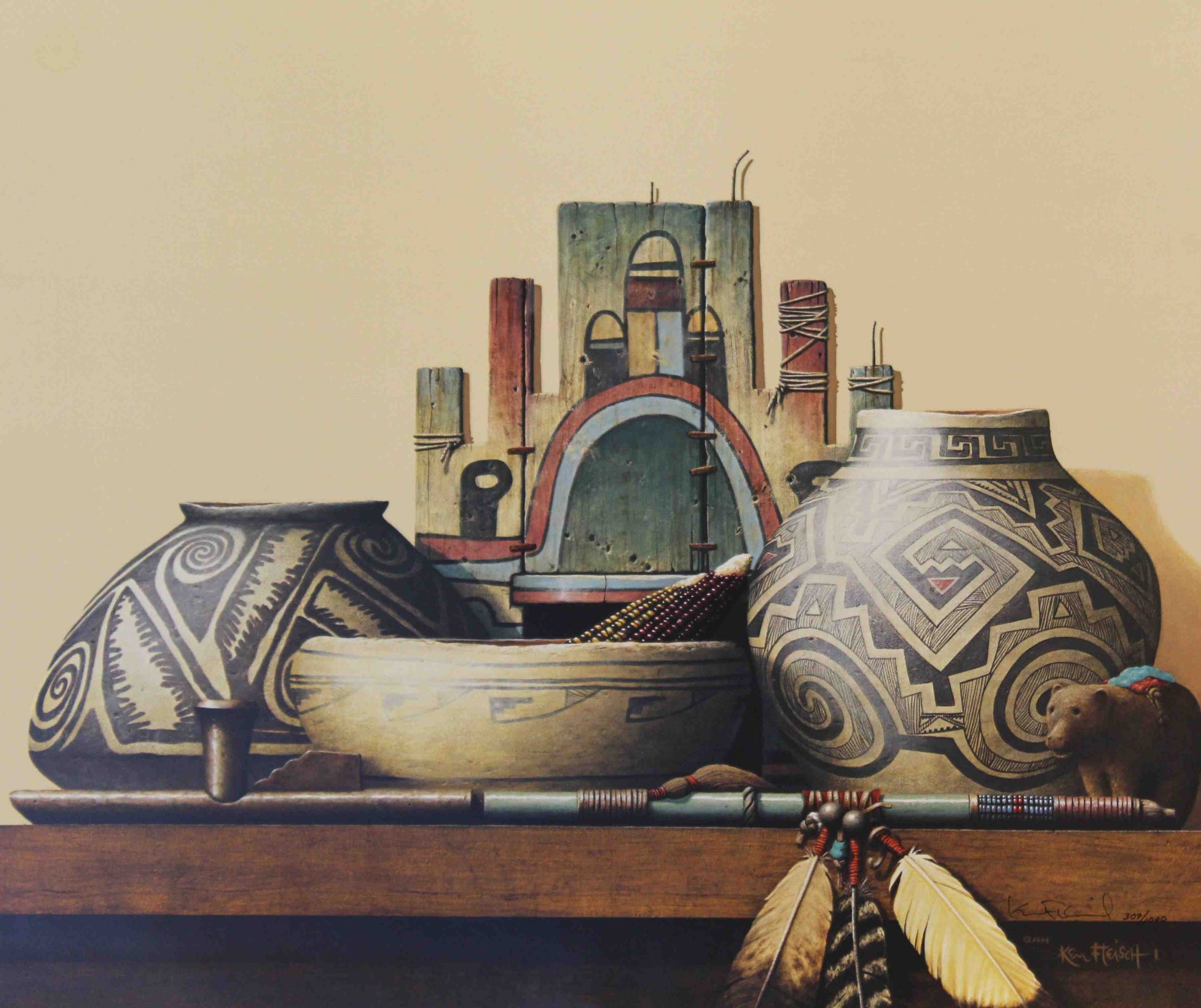 Ken Fleisch western art print “Time Travelers” featuring Native American artifacts and cultural items, perfect for western wall art.