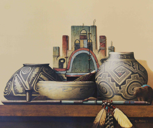 Ken Fleisch western art print “Time Travelers” featuring Native American artifacts and cultural items, perfect for western wall art.