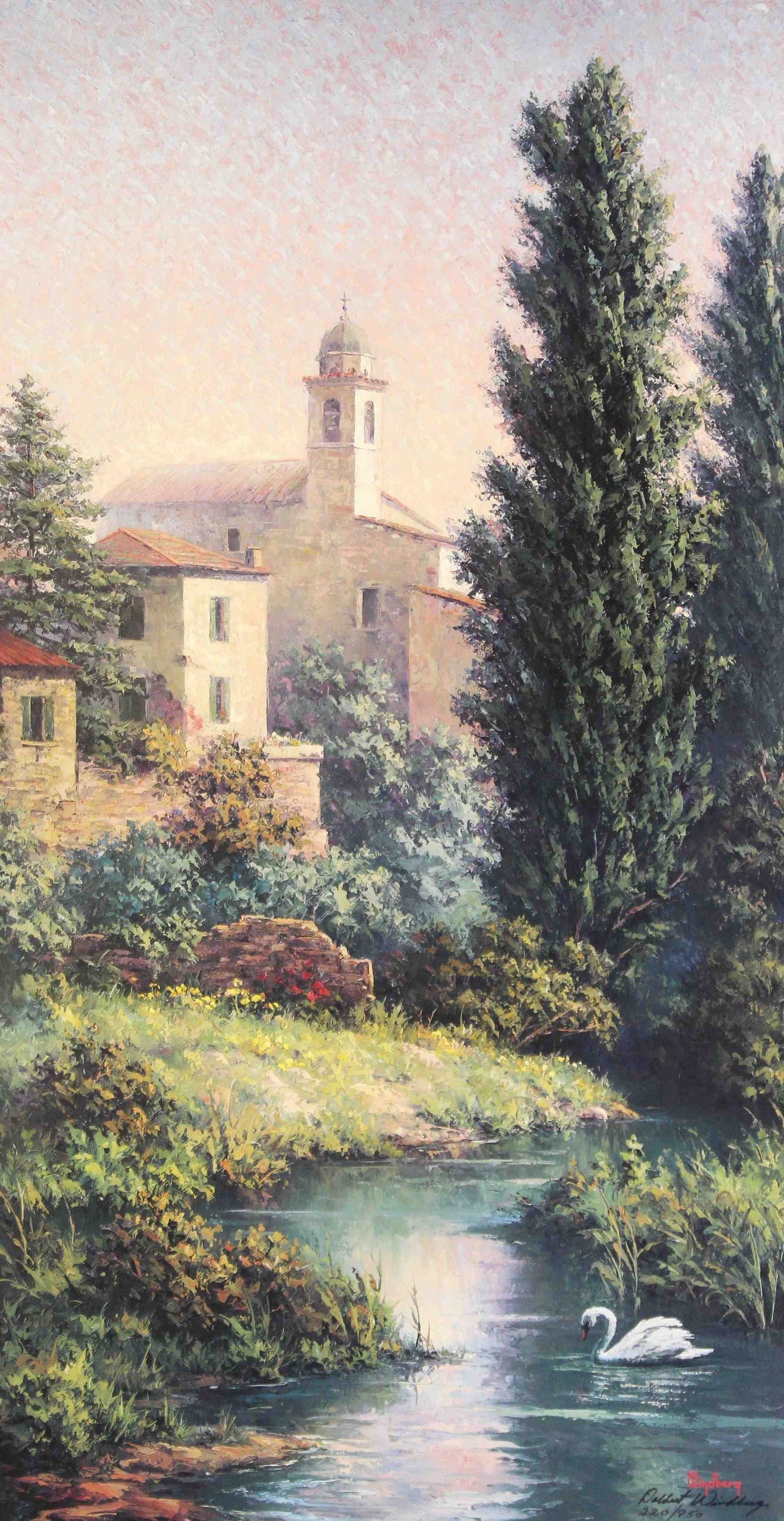 Dalhart Windberg print "Tranquility of Bibbiena" showing a quiet Italian village scene with stone architecture and warm sunlight.