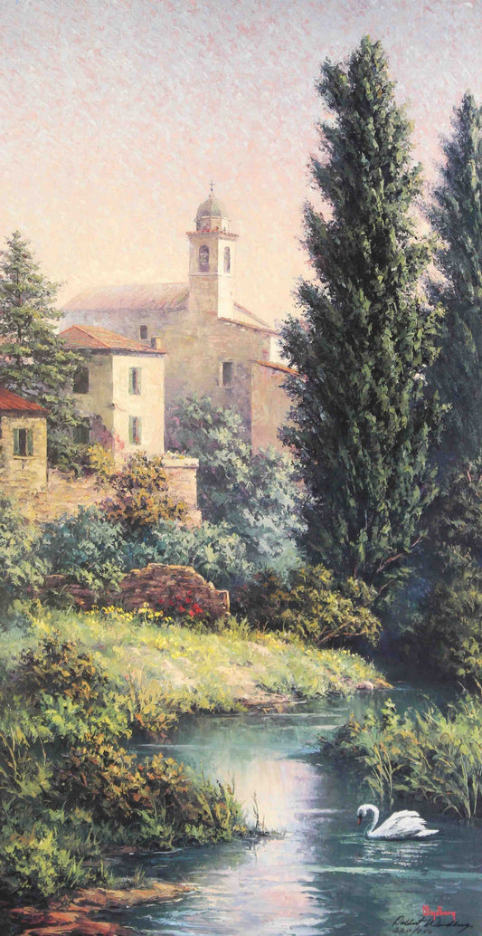 Dalhart Windberg print "Tranquility of Bibbiena" showing a quiet Italian village scene with stone architecture and warm sunlight.