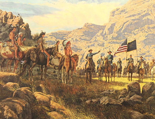Mort Künstler print "Treaty Talk" depicting a meeting between Native American elders and U.S. Cavalry officers in a frontier setting