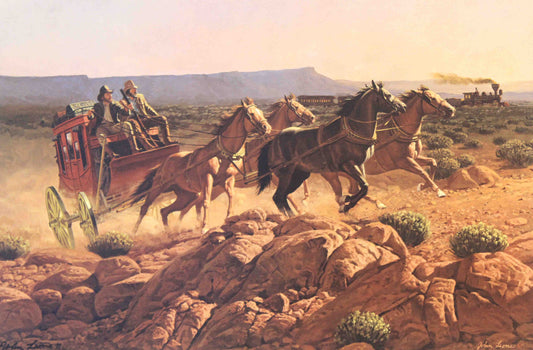 John Leone western art print “Twilight of an Era” featuring a stagecoach with a distant locomotive, classic western wall art.