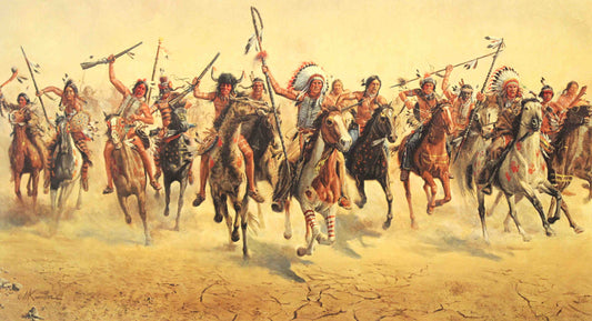 Mort Künstler print "War Cry" showing a Native American war party charging on horseback with weapons raised.