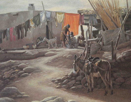 “Wash Day” by Wayne Baize – Native American woman at camp with traditional garments drying on a wash line.