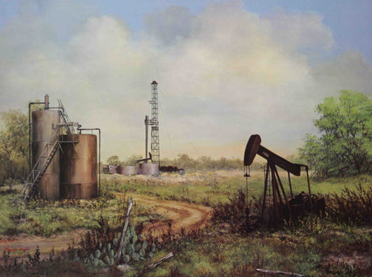 Corine Ingle print "Well #4" showing a traditional oil pumpjack in a rural landscape, symbolizing strength and oilfield heritage