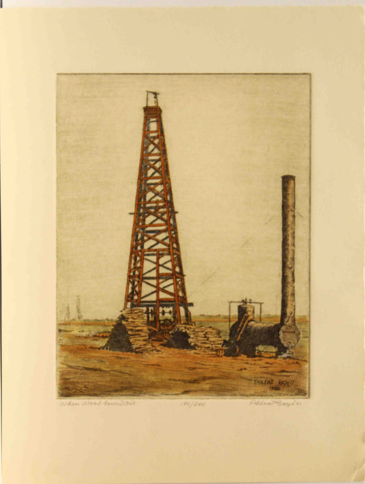 Phleat Boyd print “When Wood Found Oil” showing early wooden oil derricks and vintage drilling equipment, historic Texas oilfield fine art.