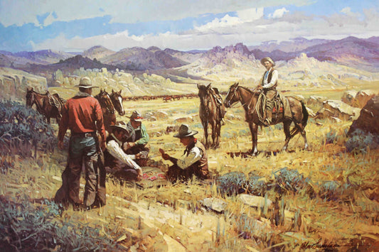 Robert Summers print "When the Boss is Away" depicting cowboys enjoying themselves on a ranch while the boss is absent.