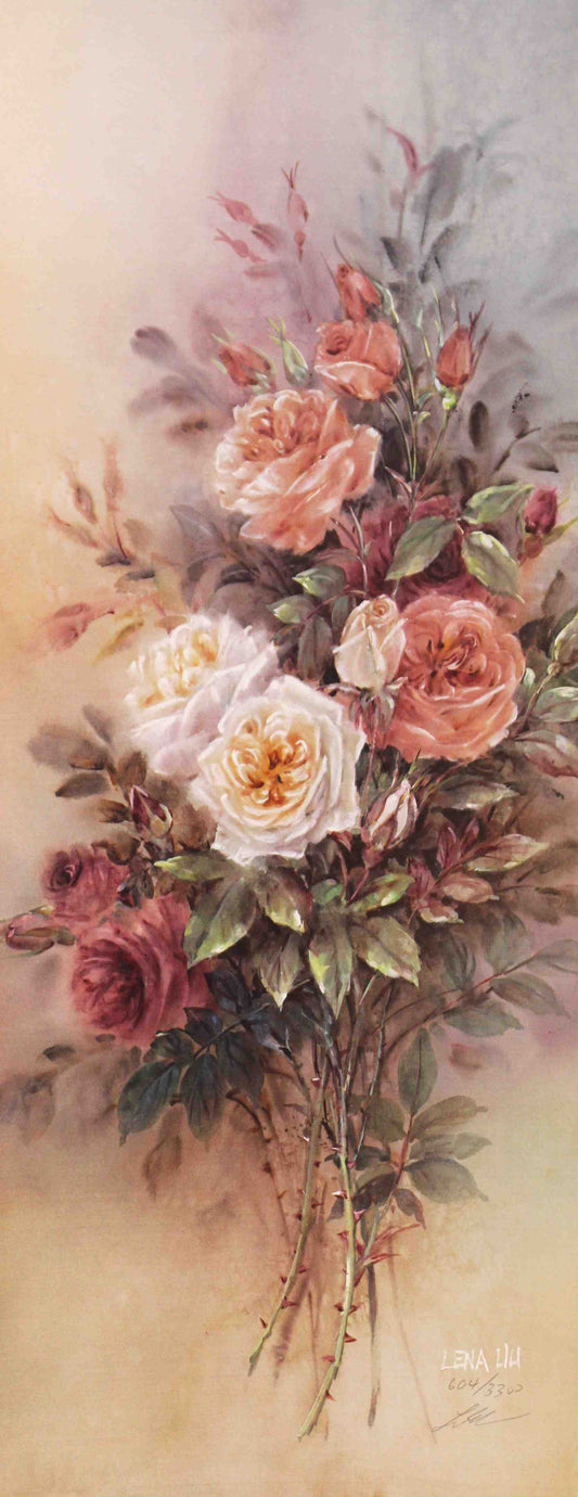 Lena Liu print White and Burgundy Roses – fine art floral painting by Lena Liu featuring white and burgundy roses.