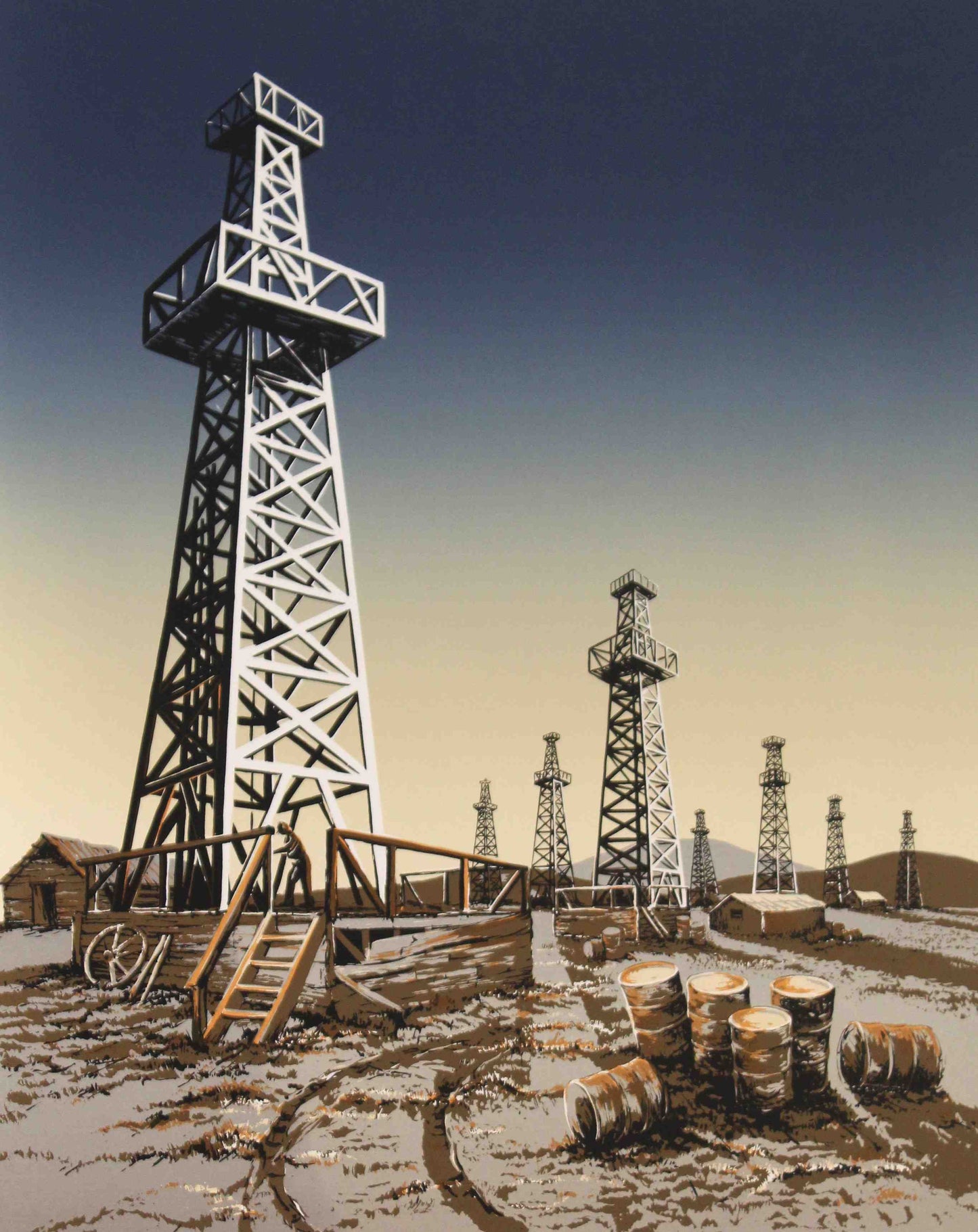 D. Woodard print Wildcatting showing a classic oilfield drilling rig in a wide-open landscape.