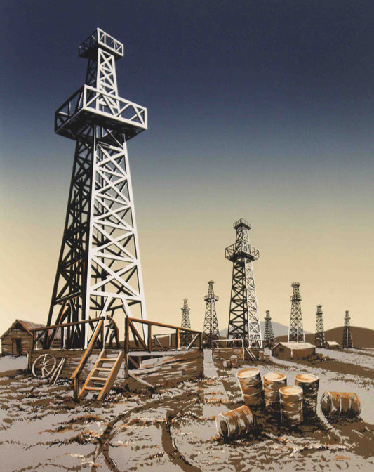 D. Woodard print Wildcatting showing a classic oilfield drilling rig in a wide-open landscape.