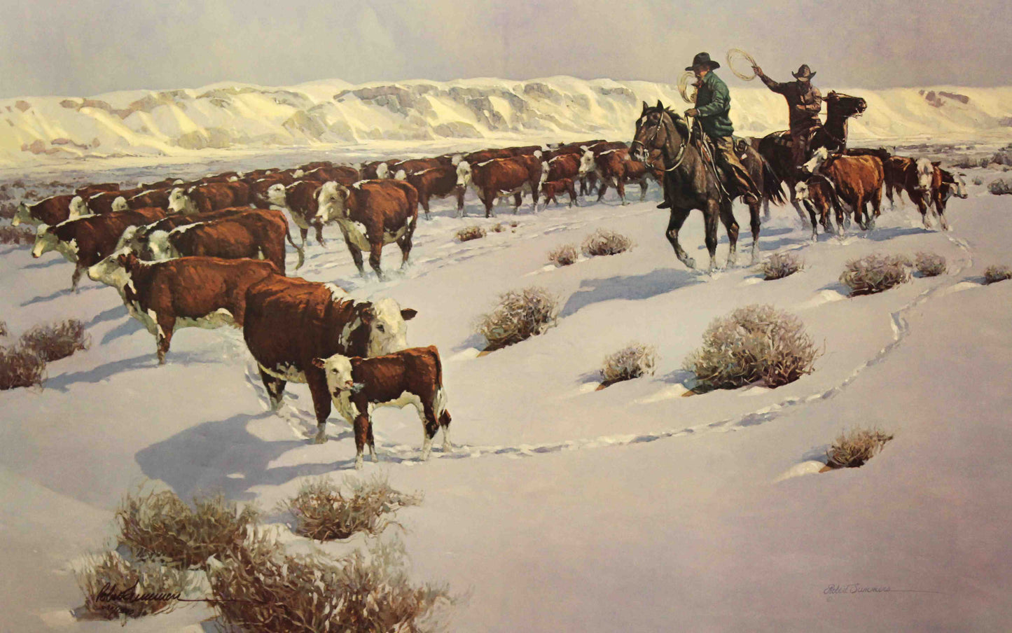 Robert Summers print "Winter Roundup" depicting cowboys driving cattle through a snowy winter landscape.