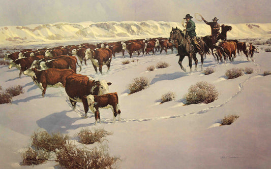 Robert Summers print "Winter Roundup" depicting cowboys driving cattle through a snowy winter landscape.