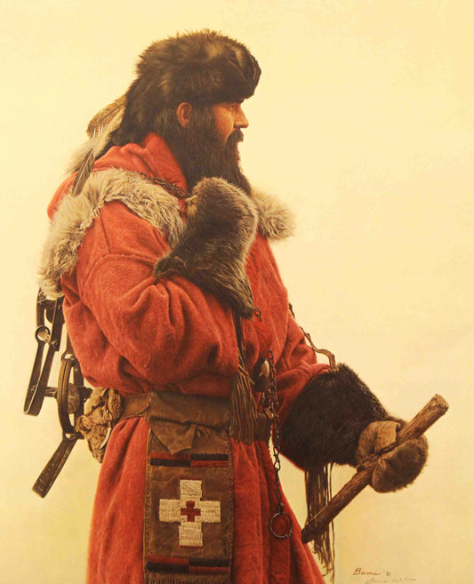 James Bama print "Winter Trapping" showing a fur-clad mountain man standing in a snowy wilderness setting.