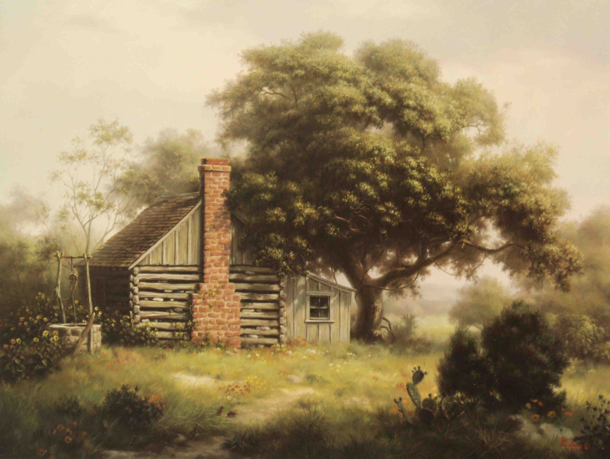 Dalhart Windberg print "Yesteryear" depicting a sunlit rural farmhouse and dirt path, evoking nostalgic memories of country life in a simpler time.